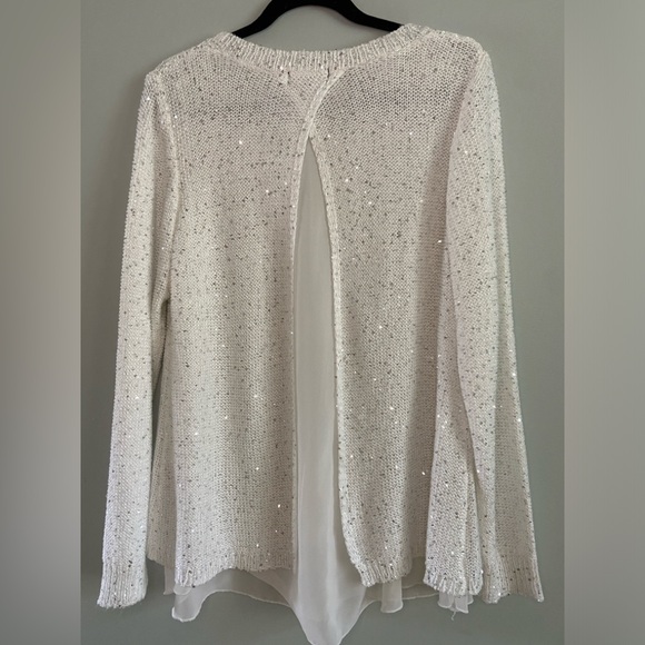 PAPILLON Sequin Mixed Media Sweater in White Size XL - Picture 2 of 7